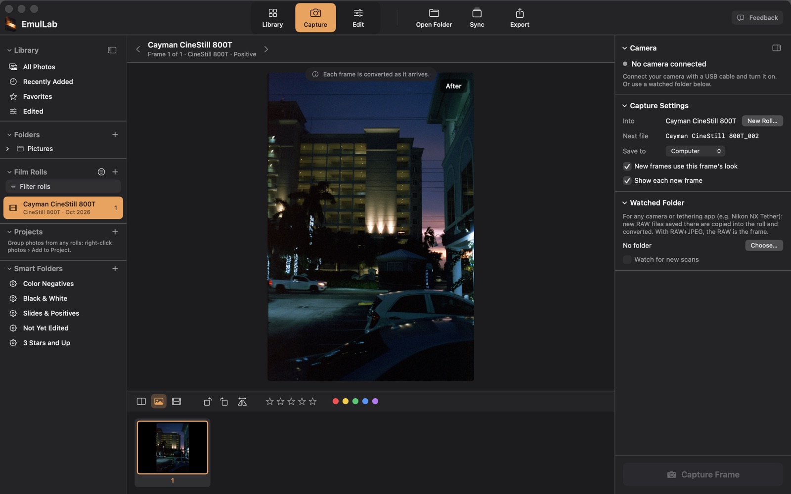 Capture with no camera connected: the capture settings, the watched folder option, and a night photograph of a hotel