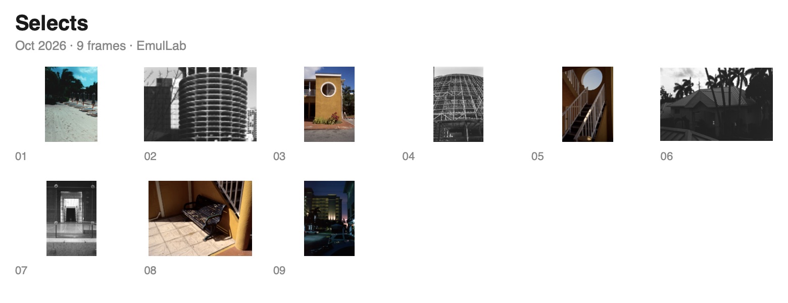 A contact sheet exported from the app: nine numbered frames on a white page, black and white, color and slide