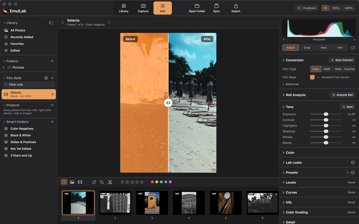 The Edit screen with a Before/After split: the orange color negative on the left, the converted photograph of a beach with closed umbrellas and empty loungers on the right, with the conversion and tone controls in the right panel