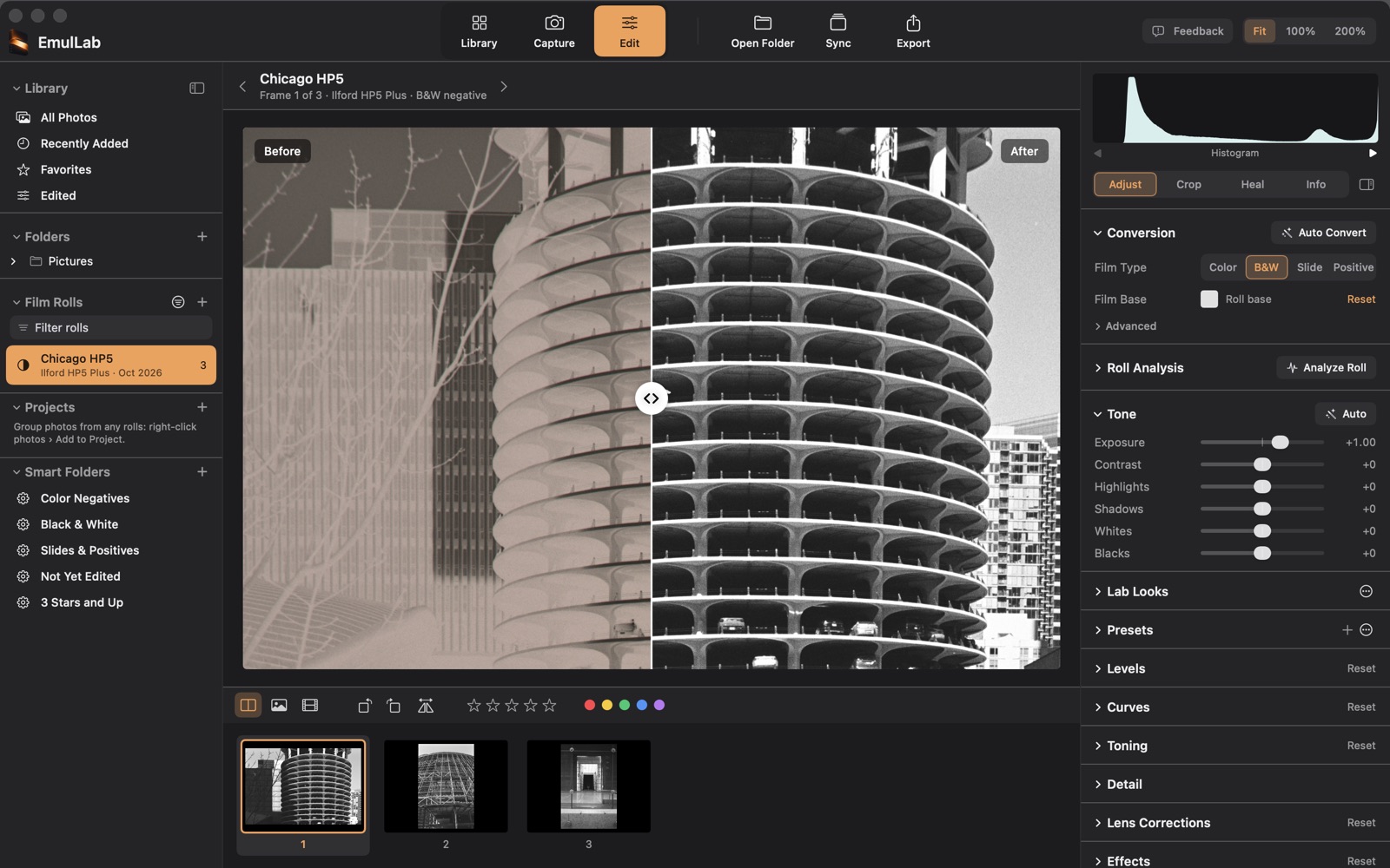 The Edit screen with a Before/After split of a black and white negative of a round tower block above a river