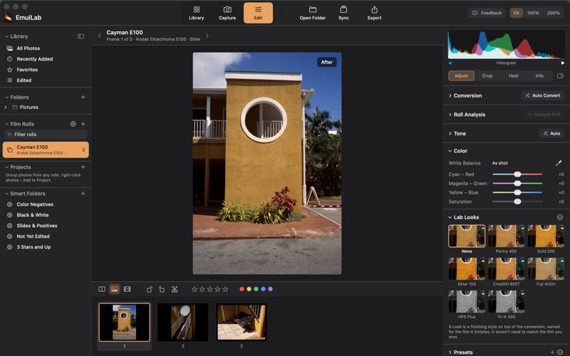 The Edit screen showing a slide of a yellow building with a round window, with the Color panel and Lab Looks thumbnails open