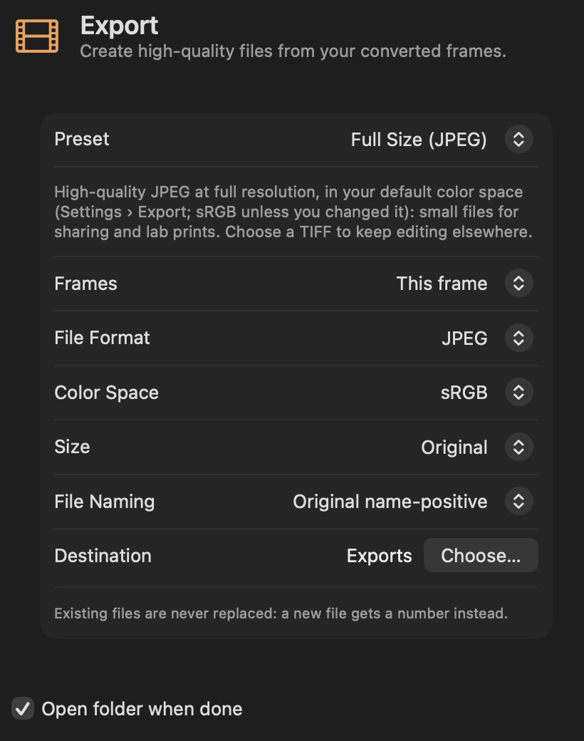 The Export sheet: preset, frames, file format, color space, size, file naming and destination