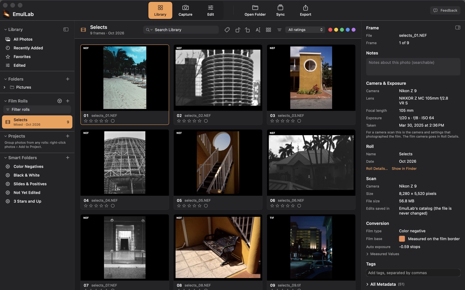 The Library showing a roll of nine frames as a grid: black and white city buildings, a color beach scene, slides of Caribbean buildings and a night street, with frame details on the right