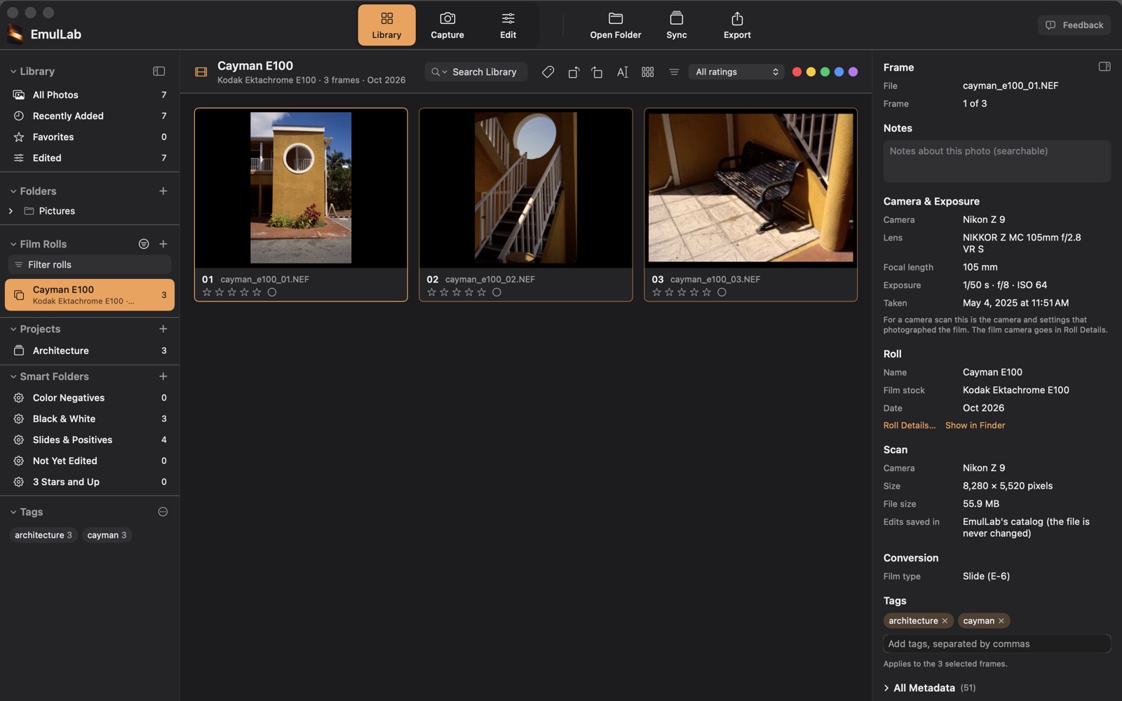 The Library with three slides selected and tagged, a project in the sidebar, Smart Folders with counts, and a tag list