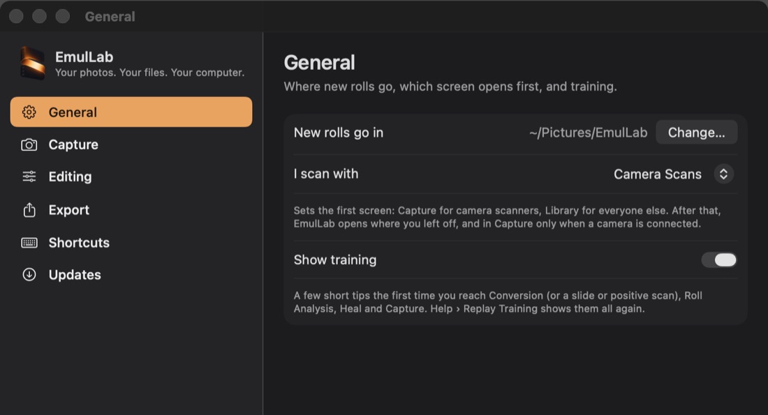 Settings, General: where new rolls go, which kind of scanning you do, and the switch for first-time training